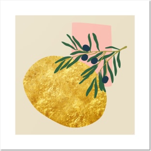 Minimalist italian olive branch with abstract gold and pick form Posters and Art